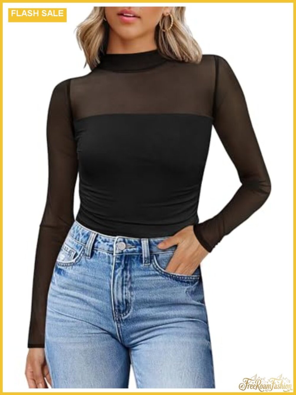 Women's Sheer Mesh Long Sleeve Ruched Mock Neck Slim Fit Top